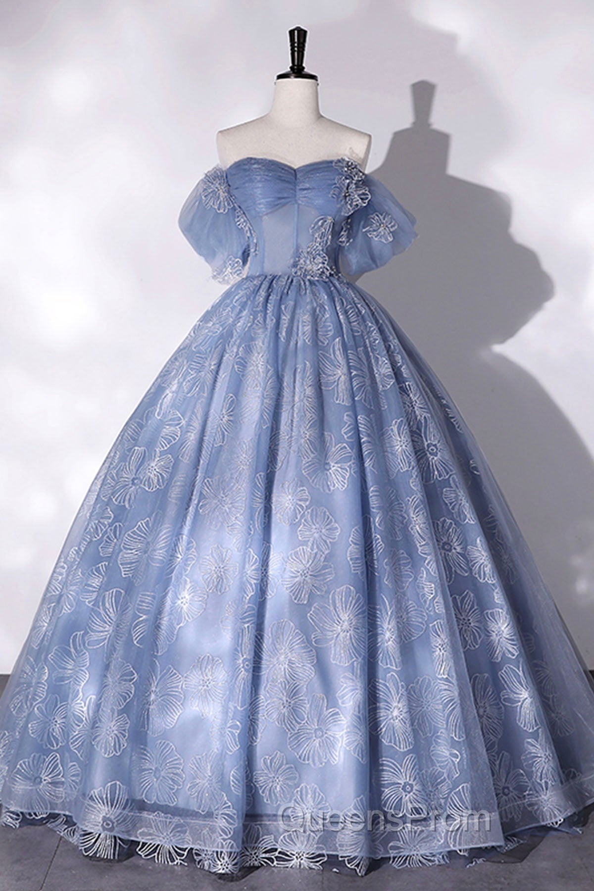 Blue Tulle Lace Long Ball Gown, Off The Shoulder Evening Gown