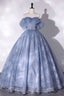Blue Tulle Lace Long Ball Gown, Off The Shoulder Evening Gown