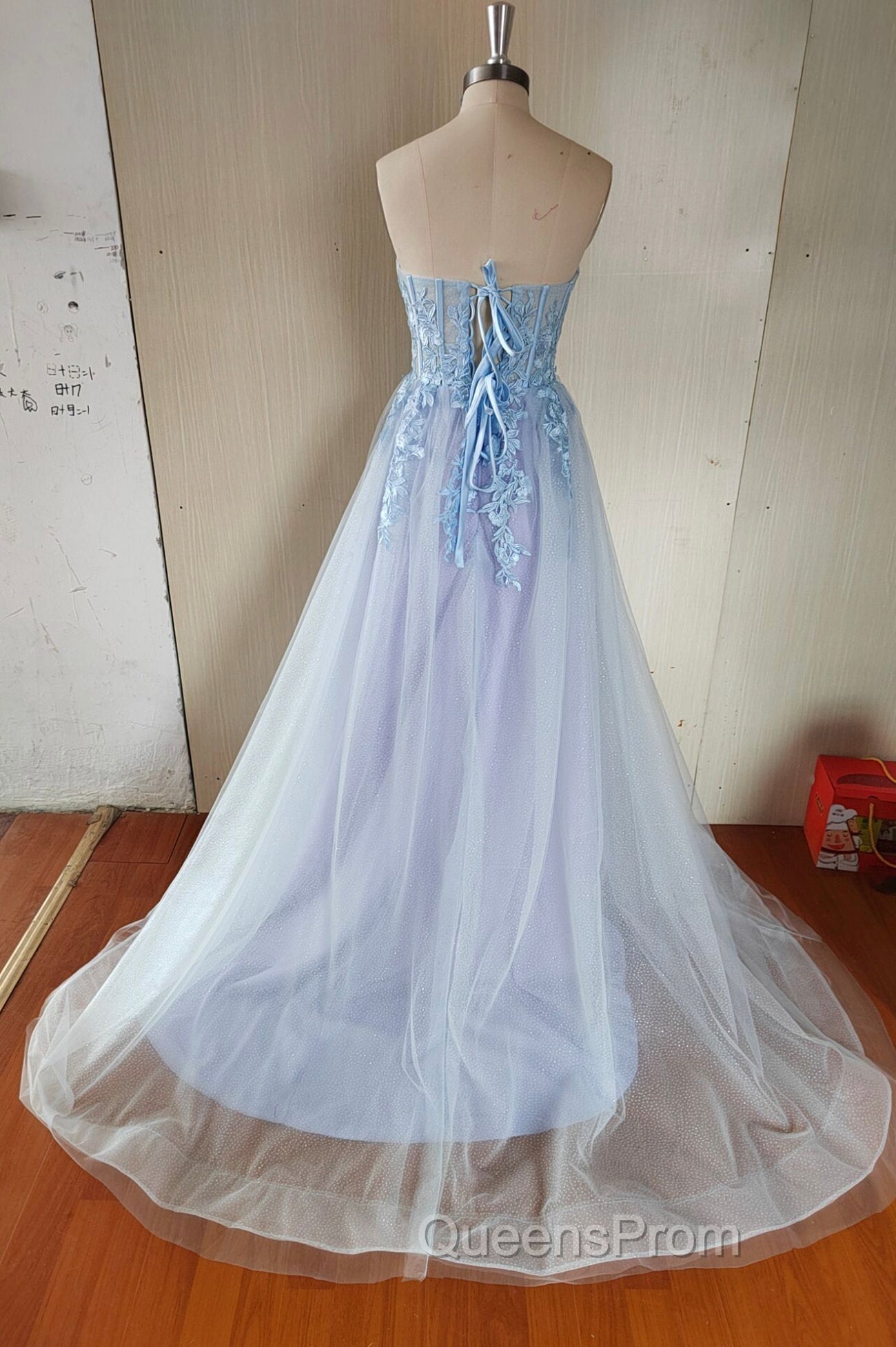 Blue Tulle Lace Long Evening Prom Dress, Blue Strapless Evening Dress with Slit