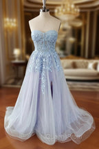Blue Tulle Lace Long Evening Prom Dress, Blue Strapless Evening Dress with Slit