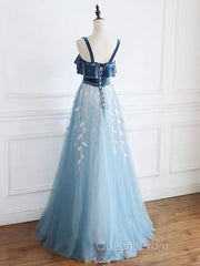 Blue tulle lace long Evening Prom Dress, blue tulle formal Dress
