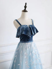 Blue tulle lace long Evening Prom Dress, blue tulle formal Dress
