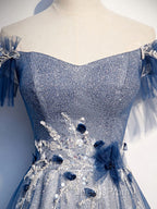 Blue Tulle Lace Long Evening Prom Dress, Blue Tulle Lace Bridesmaid Dress