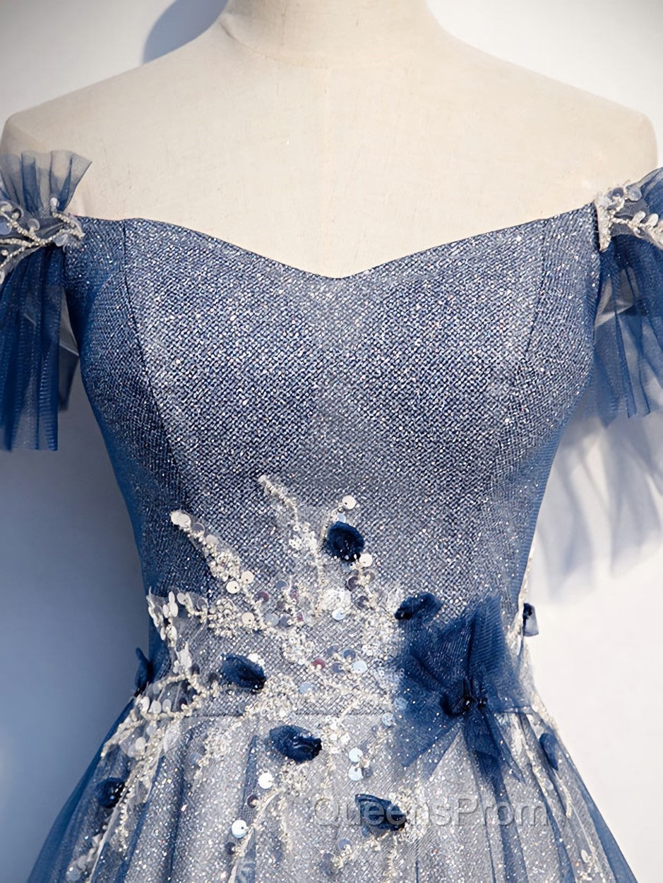 Blue Tulle Lace Long Evening Prom Dress, Blue Tulle Lace Bridesmaid Dress