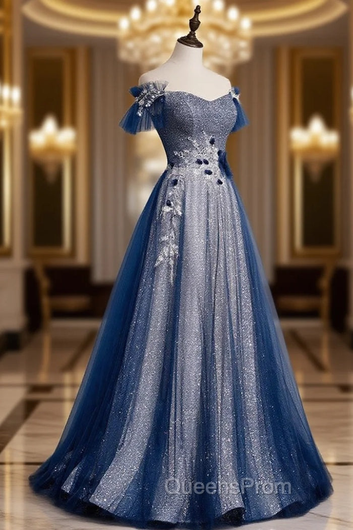 Blue Tulle Lace Long Evening Prom Dress, Blue Tulle Lace Bridesmaid Dress