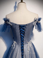 Blue Tulle Lace Long Evening Prom Dress, Blue Tulle Lace Bridesmaid Dress