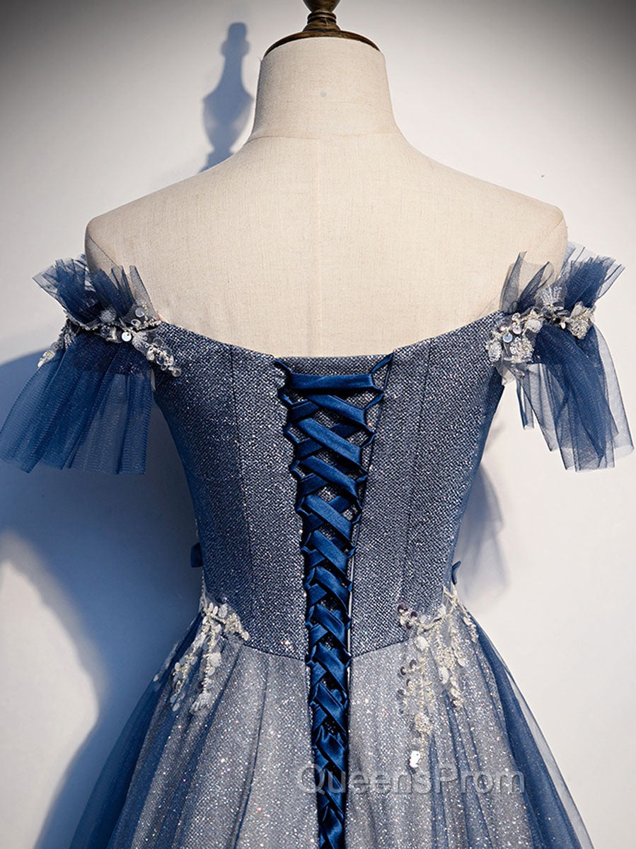 Blue Tulle Lace Long Evening Prom Dress, Blue Tulle Lace Bridesmaid Dress