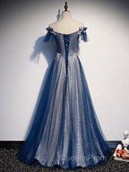 Blue Tulle Lace Long Evening Prom Dress, Blue Tulle Lace Bridesmaid Dress