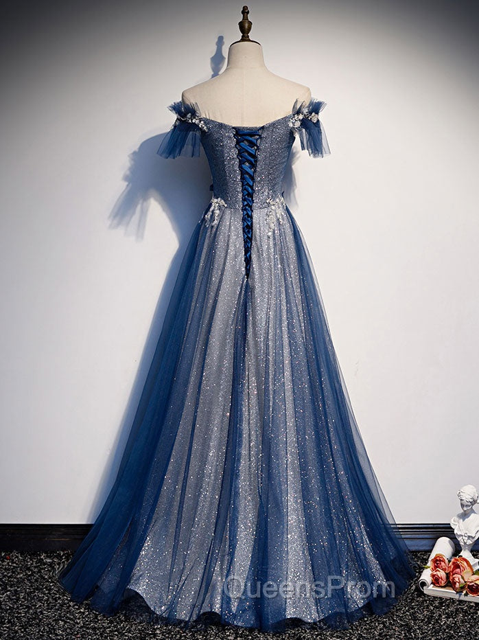 Blue Tulle Lace Long Evening Prom Dress, Blue Tulle Lace Bridesmaid Dress