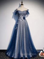 Blue Tulle Lace Long Evening Prom Dress, Blue Tulle Lace Bridesmaid Dress