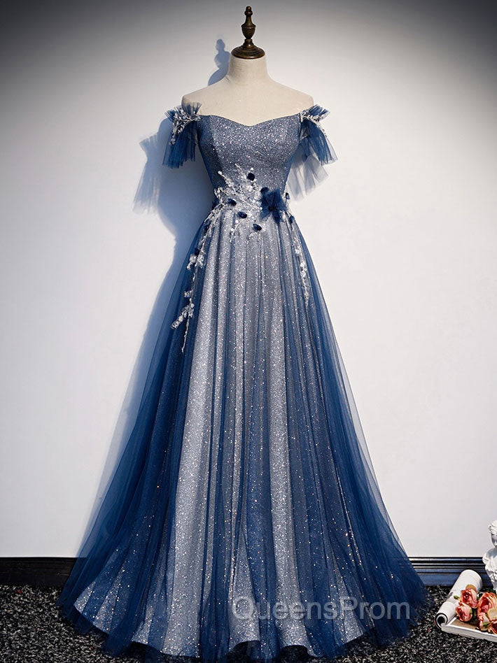 Blue Tulle Lace Long Evening Prom Dress, Blue Tulle Lace Bridesmaid Dress