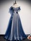 Blue Tulle Lace Long Evening Prom Dress, Blue Tulle Lace Bridesmaid Dress