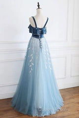 Blue Tulle Lace Long Evening Prom Dress, Blue Tulle Long Evening Dress