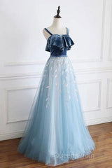 Blue Tulle Lace Long Evening Prom Dress, Blue Tulle Long Evening Dress