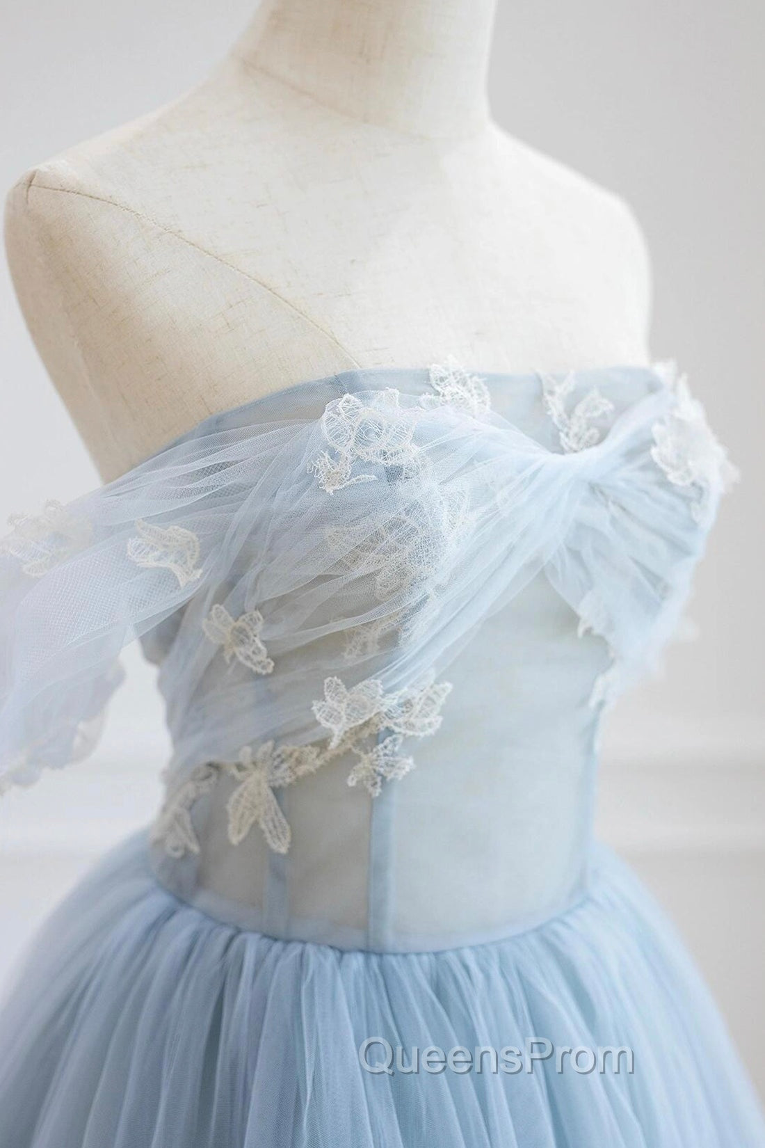 Blue Tulle Lace Long Evening Prom Dress, High Low A-Line Evening Party Dress