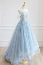 Blue Tulle Lace Long Evening Prom Dress, High Low A-Line Evening Party Dress