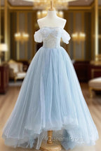 Blue Tulle Lace Long Evening Prom Dress, High Low A-Line Evening Party Dress