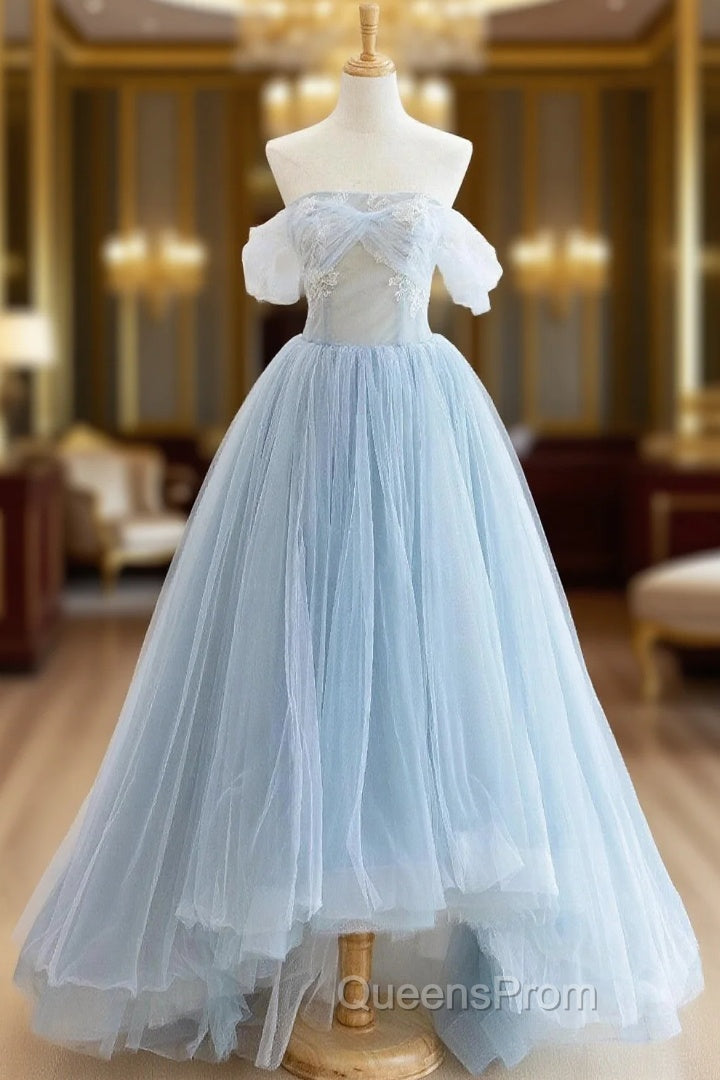 Blue Tulle Lace Long Evening Prom Dress, High Low A-Line Evening Party Dress