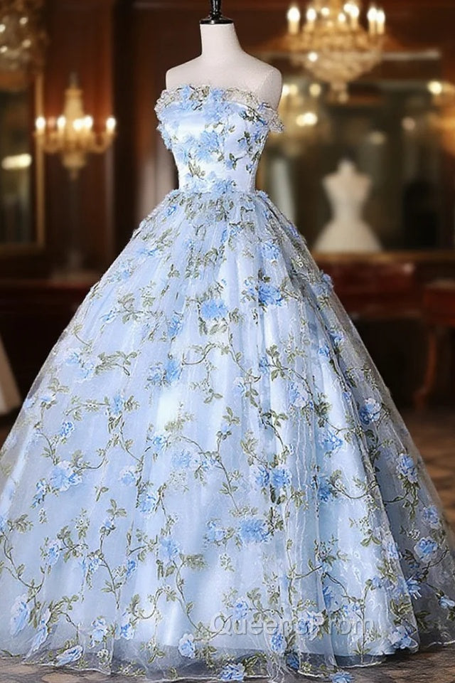 Blue Tulle Lace Long Evening Prom Dress, Ball Gown Blue Sweet 16 Dress