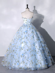Blue Tulle Lace Long Evening Prom Dress, Ball Gown Blue Sweet 16 Dress