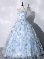 Blue Tulle Lace Long Evening Prom Dress, Ball Gown Blue Sweet 16 Dress