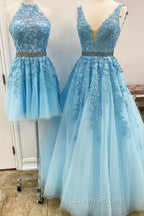Blue Tulle Lace Evening Prom Dress, Blue Tulle Lace Formal Evening Dress