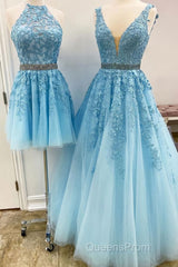 Blue Tulle Lace Evening Prom Dress, Blue Tulle Lace Formal Evening Dress