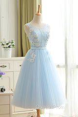Blue Tulle Lace Short Evening Prom Dress, A-Line Homecoming Party Dress