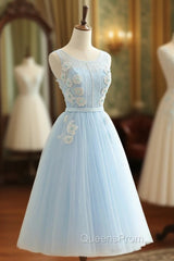 Blue Tulle Lace Short Evening Prom Dress, A-Line Homecoming Party Dress