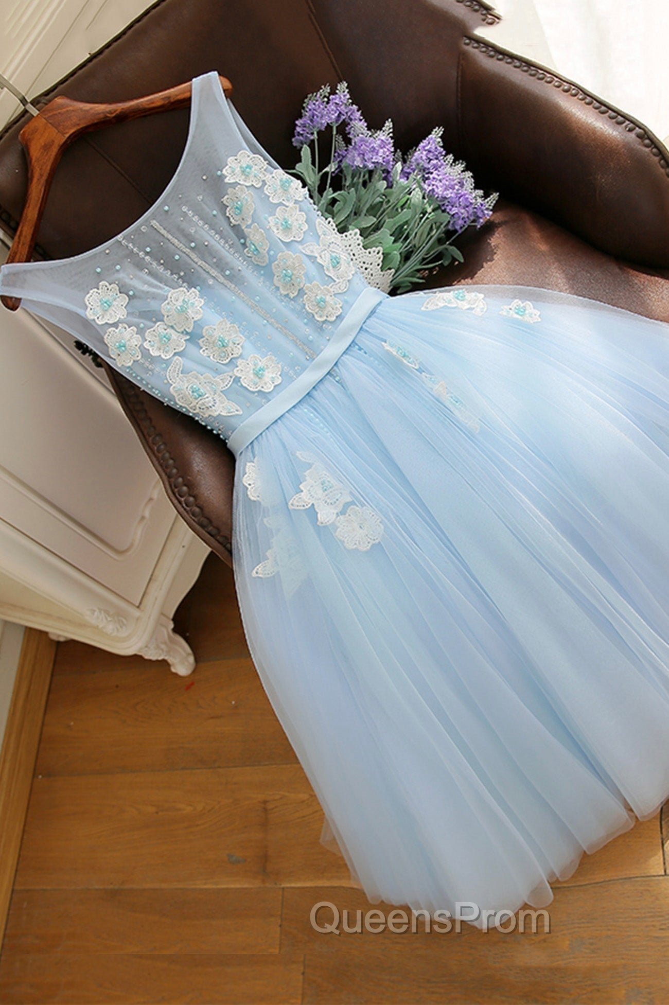 Blue Tulle Lace Short Evening Prom Dress, A-Line Homecoming Party Dress Main image