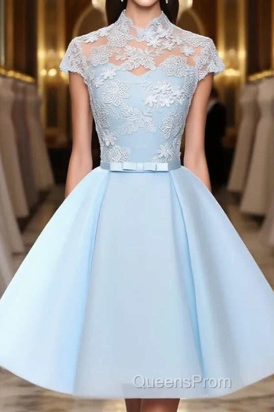 Blue tulle lace short Evening Prom Dress, blue tulle lace homecoming Dress Main image