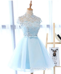 Blue tulle lace short Evening Prom Dress, blue tulle lace homecoming Dress