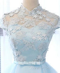 Blue tulle lace short Evening Prom Dress, blue tulle lace homecoming Dress
