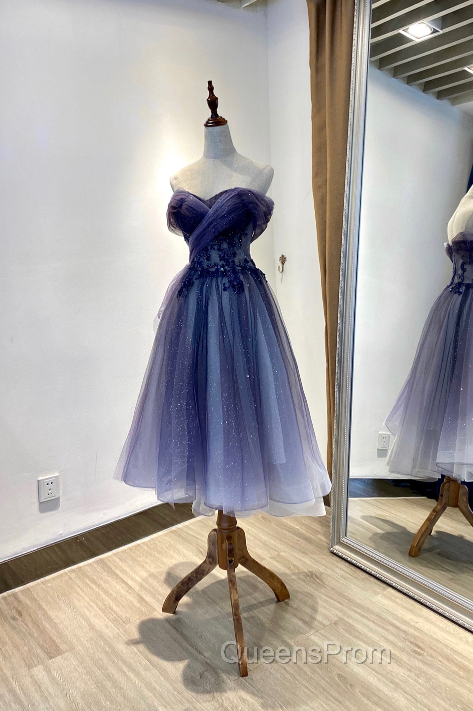 Blue Tulle Lace Short Evening Prom Dress, Off the Shoulder Evening Party Dress Secondary image