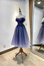 Blue Tulle Lace Short Evening Prom Dress, Off the Shoulder Evening Party Dress