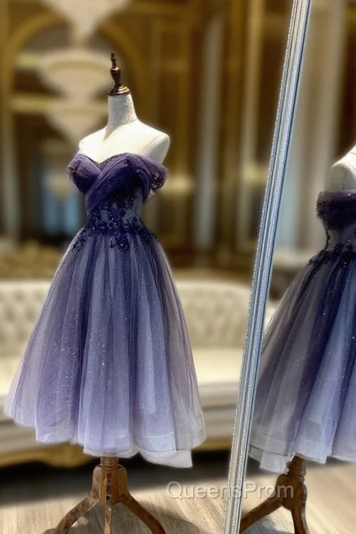 Blue Tulle Lace Short Evening Prom Dress, Off the Shoulder Evening Party Dress Main image