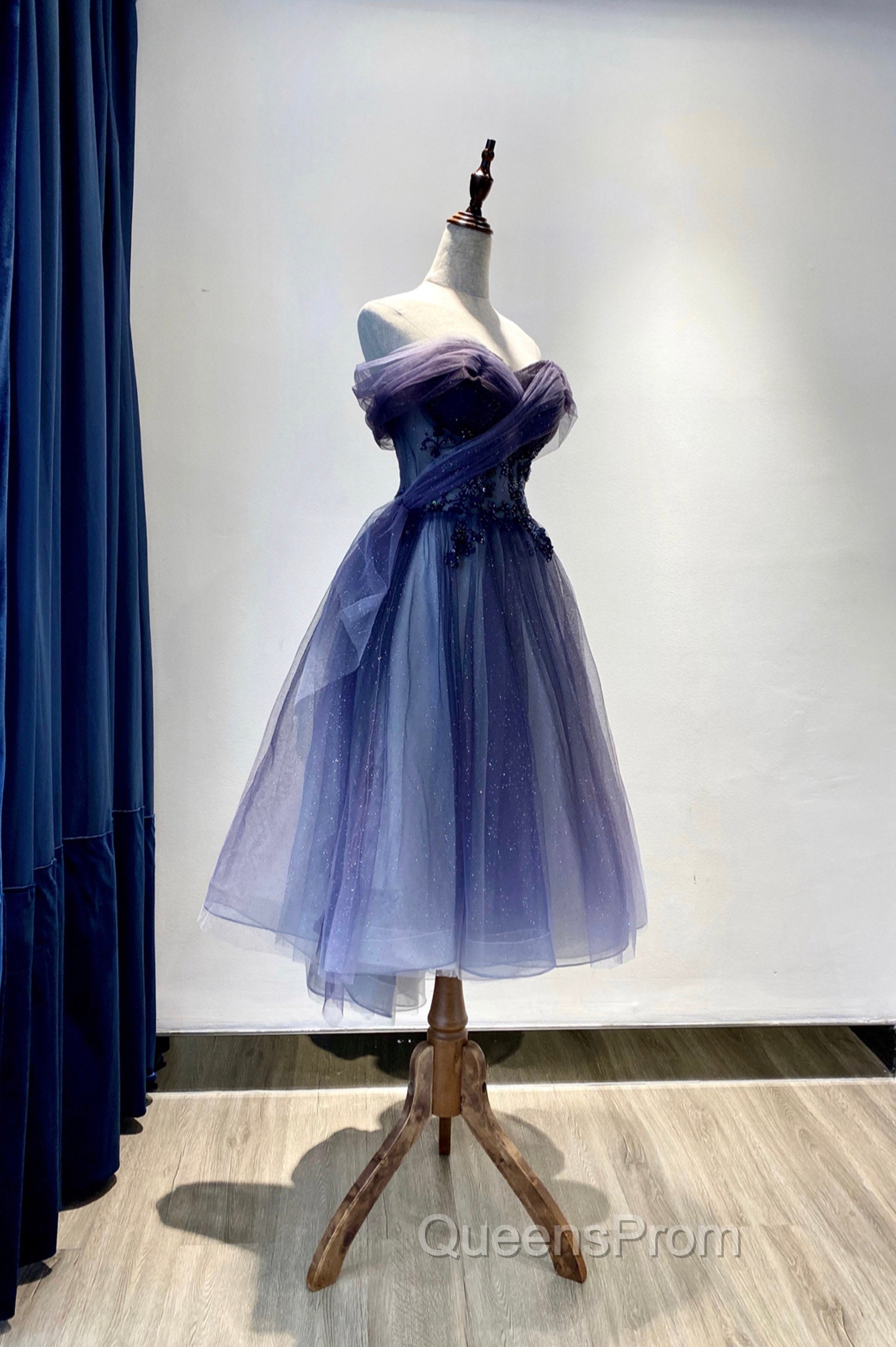 Blue Tulle Lace Short Evening Prom Dress, Off the Shoulder Evening Party Dress