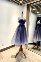Blue Tulle Lace Short Evening Prom Dress, Off the Shoulder Evening Party Dress