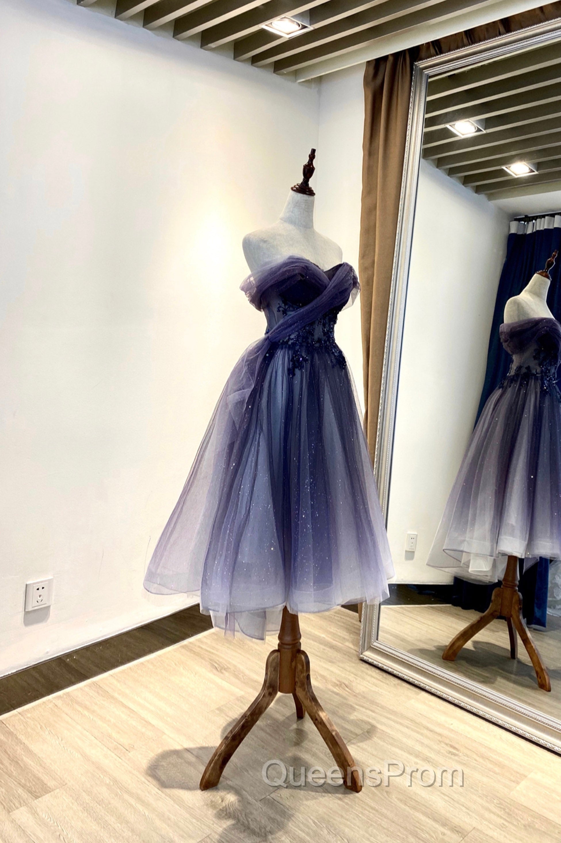 Blue Tulle Lace Short Evening Prom Dress, Off the Shoulder Evening Party Dress