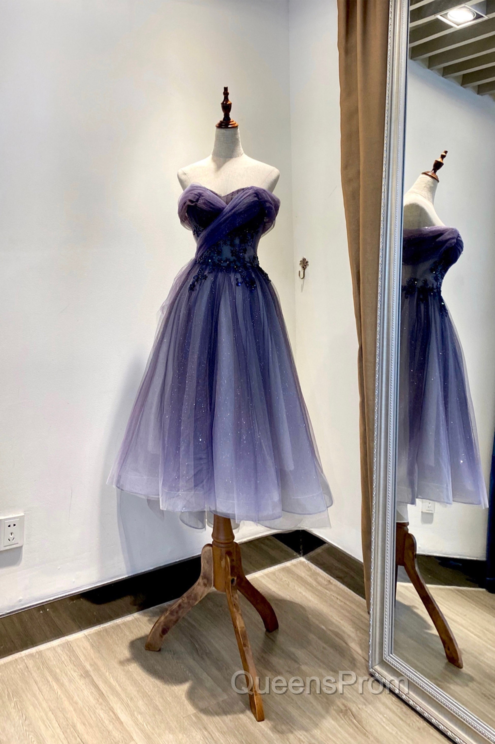 Blue Tulle Lace Short Evening Prom Dress, Off the Shoulder Evening Party Dress