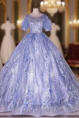 Blue Tulle Lace Short Sleeve Backless Beading Quinceanera Dress