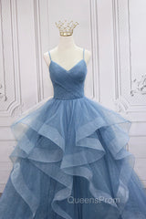 Blue Tulle Layers Long Evening Dress, Blue Tulle with Straps Party Dress