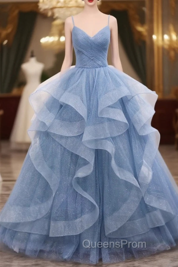 Blue Tulle Layers Long Evening Dress, Blue Tulle with Straps Party Dress Main image
