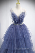 Blue Tulle Layers Long Evening Prom Dress, A-Line Spaghetti Strap Party Dress