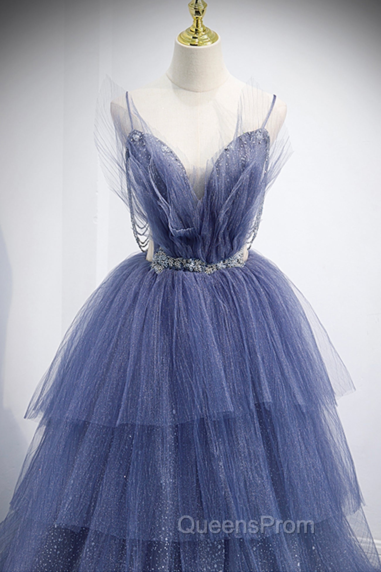 Blue Tulle Layers Long Evening Prom Dress, A-Line Spaghetti Strap Party Dress