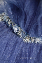 Blue Tulle Layers Long Evening Prom Dress, A-Line Spaghetti Strap Party Dress