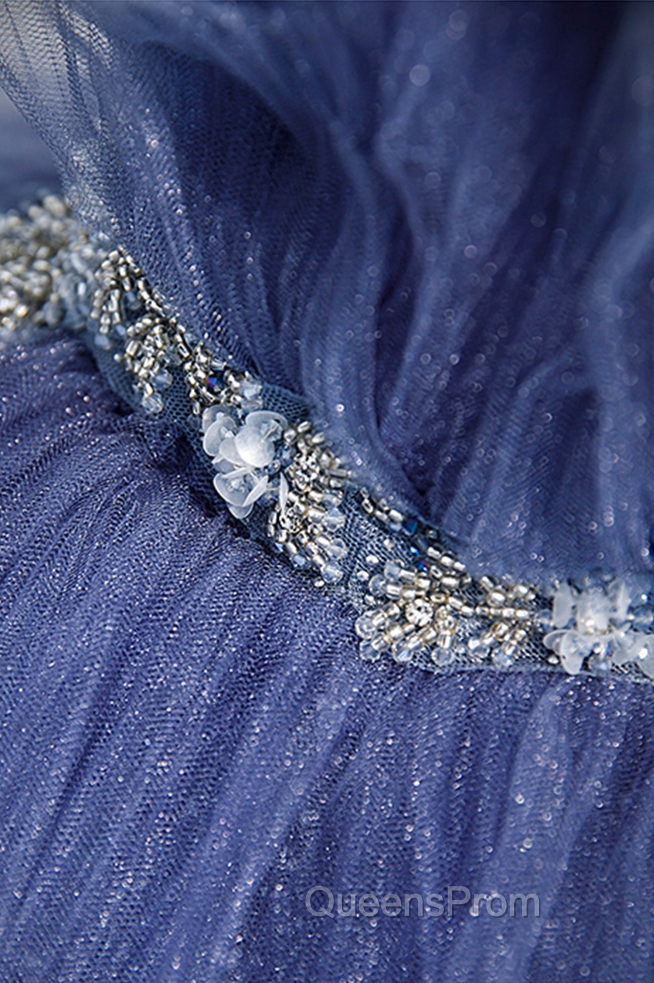 Blue Tulle Layers Long Evening Prom Dress, A-Line Spaghetti Strap Party Dress