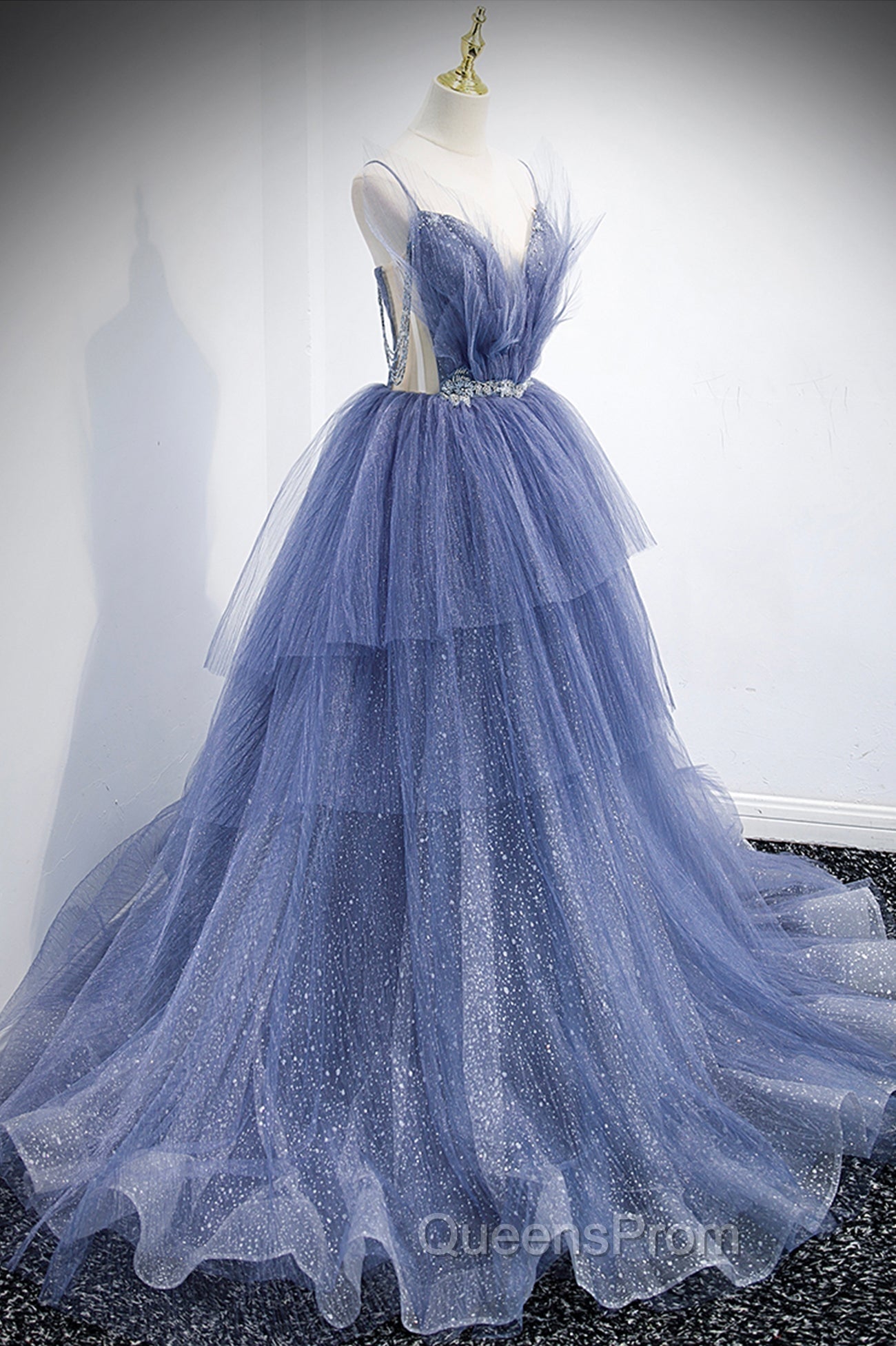 Blue Tulle Layers Long Evening Prom Dress, A-Line Spaghetti Strap Party Dress