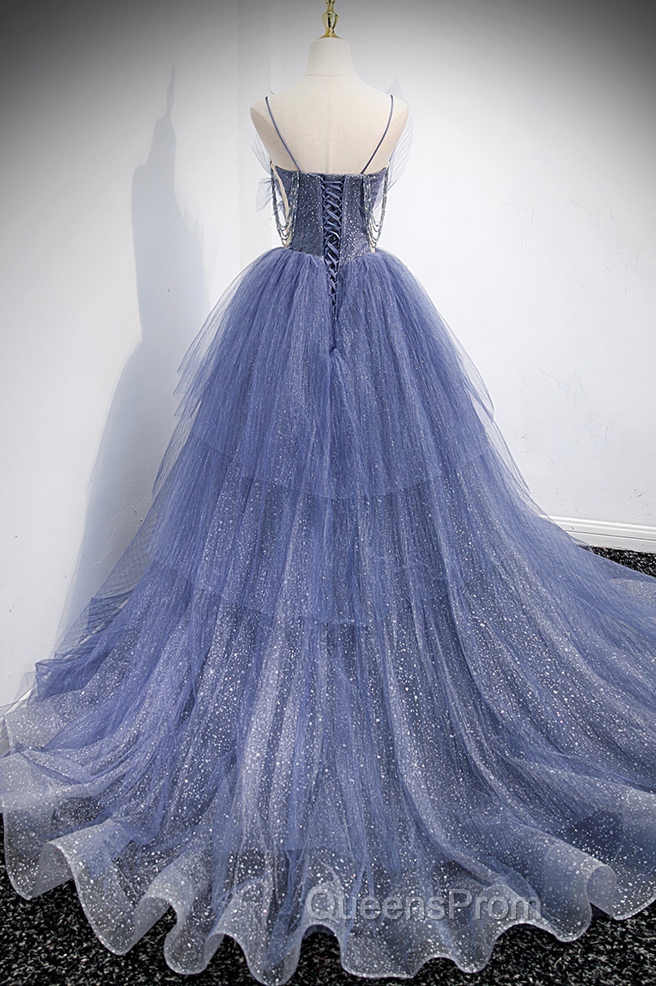 Blue Tulle Layers Long Evening Prom Dress, A-Line Spaghetti Strap Party Dress