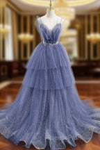Blue Tulle Layers Long Evening Prom Dress, A-Line Spaghetti Strap Party Dress